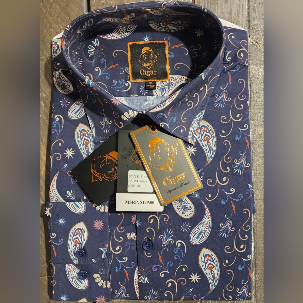 Cigar Men's Long Sleeve Shirt XL Navy Paisley